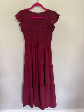 Blu Pepper Burgundy Smocked V-Neck Tiered Maxi Dress